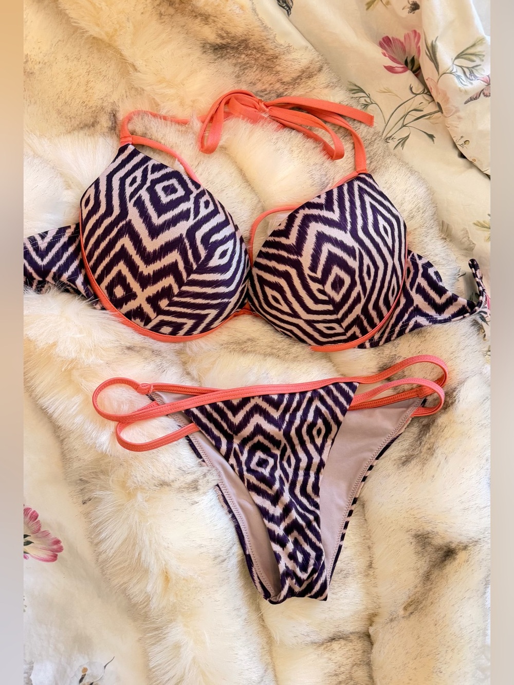 Victoria's Secret Brown and Coral Geometric Push-Up Bikini Set - 32 DD / S